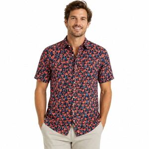 Banana Republic Mens XL Tall Slim Fit Linen Flamingo Print Short Sleeve Shirt